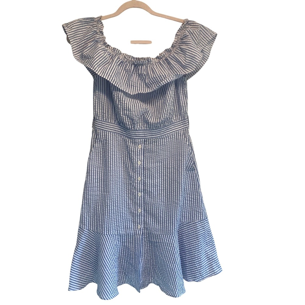 Essue Seersucker Preppy Dress S Blue White Striped Ruffle Off Shoulder Picnic